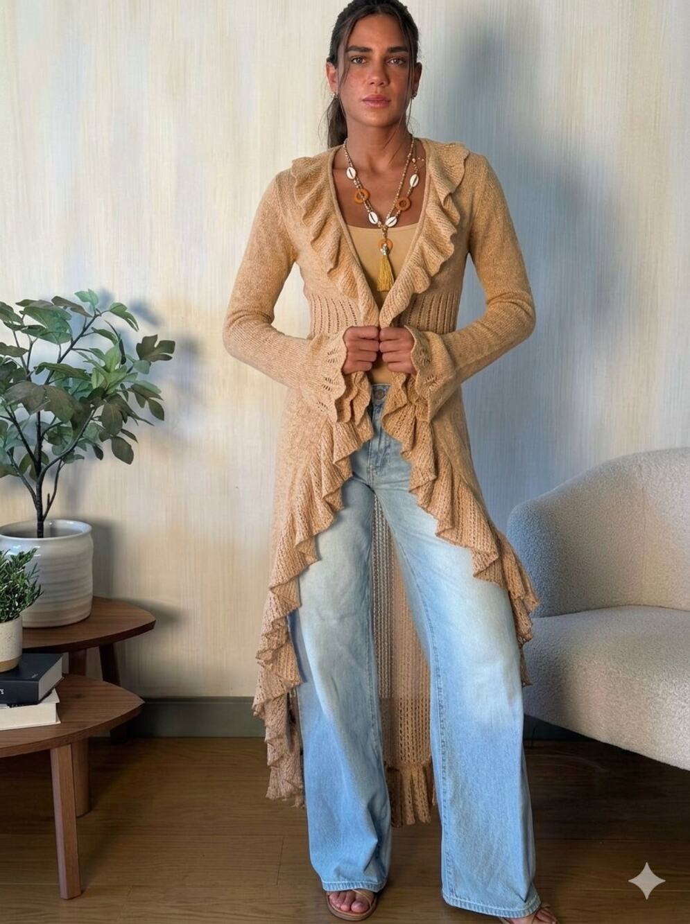 Anthropology Every Which Way Ruffle Waterfall Long Cardigan Earth Tan Duster S/M